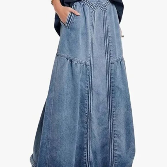 Retro Denim High Waisted A-Line Maxi Skirt - Picture 1 of 6